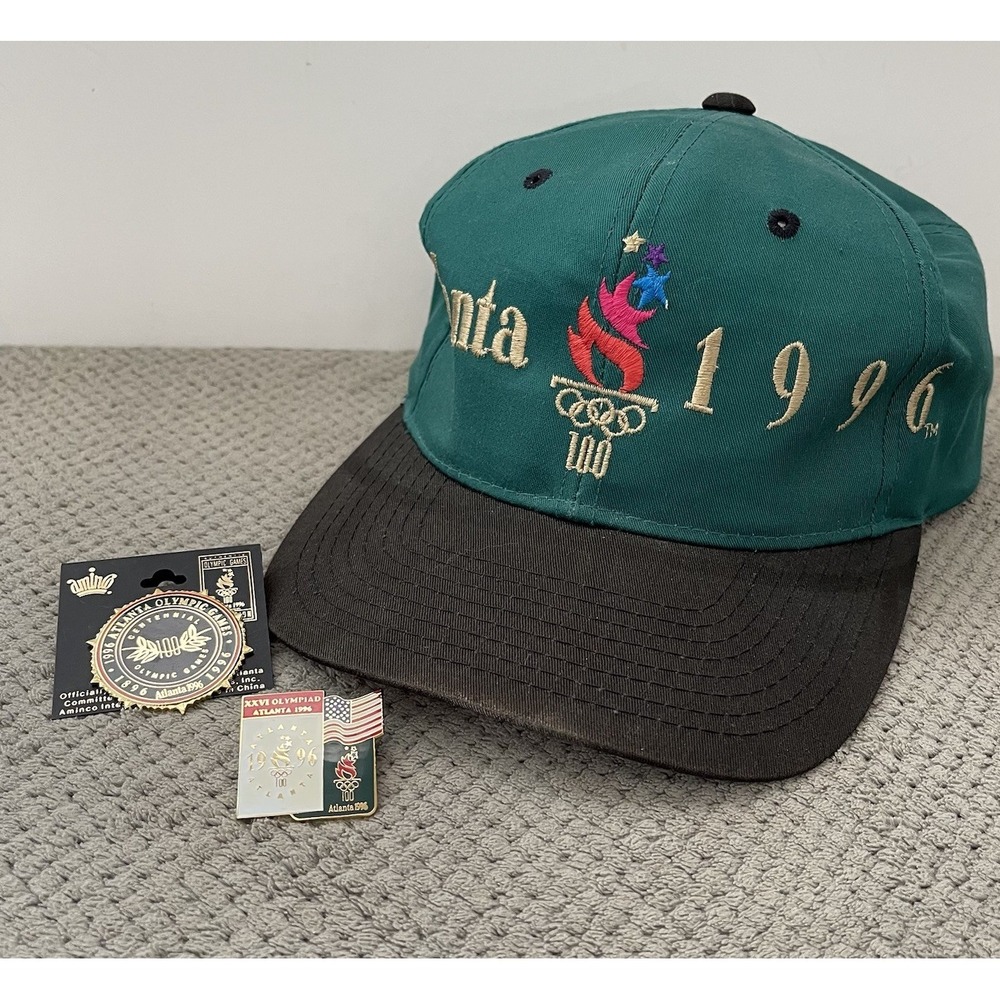 VTG Olympics Hat Atlanta 1996 Starter Snapback Green Korea Embroidered + 2 Pins